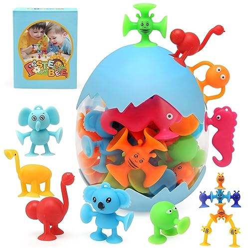 BelleStyle Suction Bath Toys for Kids, 26 Pcs Silicone Sensory Travel Toys with Suction Cup Bees & Animals, Montessori Building Toys for 3-7 Years Old Boys & Girls