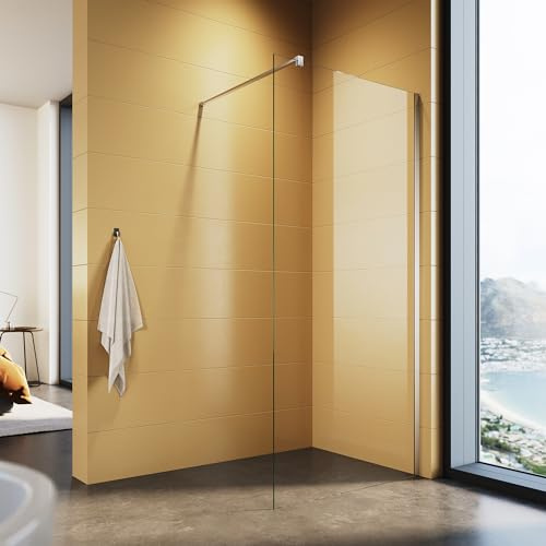 Walk In Duschtrennwand 76x200cm 8mm Nano ESG Glas mit Stabilhaltestange | Klarglas mit 100cm festen Edelstahl Haltestange -15mm Einstellbarer Wandabstand Trocken- und Nassabscheidung für Bad