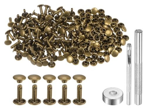 QUARKZMAN Leder Nieten 100 Set Metallniete Doppelkappe 12mm x 8mm Röhrenförmige Hohlnieten Lochzange mit 3 Werkzeug Nietenzange für DIY Handwerk Gürtel Reperatur Dekoration, Bronze