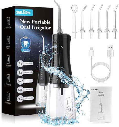 Munddusche Kabellos Elektrische,350ML Wassertank IPX7 Wasserdicht Tragbar Oral Irrigator USB Wiederaufladbarer Zahnreiniger Geeignet für Familie Zuhause Büro Reisen, mit 5 Modi und 8 Düsen