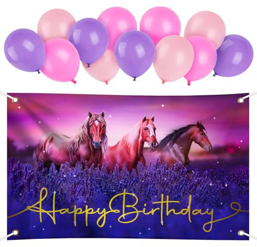 BETESSIN Geburtstagsdekoration, Pferd, 180 x 110 cm, Hintergrund und Luftballons, rosa und violett, Geschenk für Mädchen
