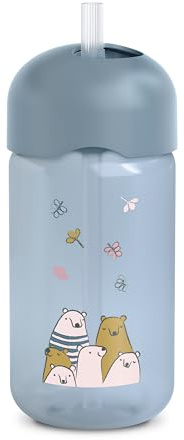 Suavinex, Baby lärande mugg, sugrör för barn, babymugg med flexibelt silikonsugrör, bettbeständig, droppsäker, diskmaskinssäker, 18 månader, 340 ml, blå björnar