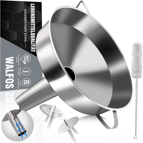 Walfos Embudo de acero inoxidable grande de 20 cm, embudo de cocina con 2 coladores extraíbles y 1 cepillo de limpieza, perfecto para rellenar líquidos, mermeladas e ingredientes secos