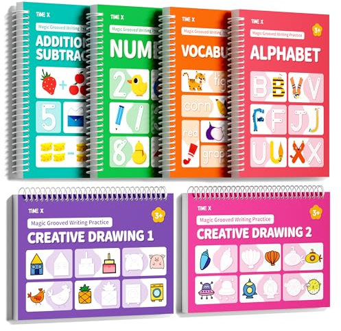 TIME X Magic Grooved Writing Practice Books, Reusable 3D Groove Handwriting Practice Workbooks for Kids Ages 3-8, Large Preschool Writing Books with Disappearing Ink for Kids 5-7 (Practice 6-Books)