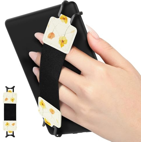 MoKo Security Hand-Strap for 6-8 eReaderFire Tablet, Kindle/Kobo/Voyaga/Lenovo/Sony Kindle E-Book Tablet, Elastic Versatile Hand Strap Lightweight Finger Grip Holder, Flower on White