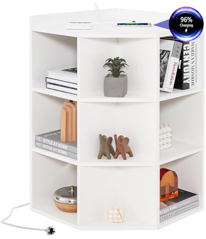 COSTWAY 4-Tier Corner Bookcase, Wooden Open Bookshelf with 9 Cubbies, Charging Station, USB, Type-C Port & 2 Outlets, Cube Storage Organizer Display Shelf for Bedroom, Living Room and Study (White)
