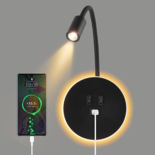 UrbanHomes Aplique de pared LED, lámpara de cuello de cisne flexible, luz de lectura junto a la cama con interruptor, puerto de carga USB, luz ambiental del dormitorio (3W 3000K+9W 6000K)