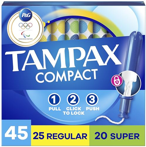 Tampax Compact Pearl Tampons for Women Multipack, with LeakGuard Braid & Extendable Applicator, Regular/Super Absorbency, Compact Extendable Applicator, Unscented, 45 Count