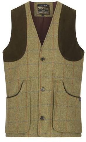 Walker and Hawkes Men's Derby Tweed Berston Waistcoat - Stylish Teflon-Coated Outerwear Vest with Moleskin Trim & Pockets, Forest Green - Medium