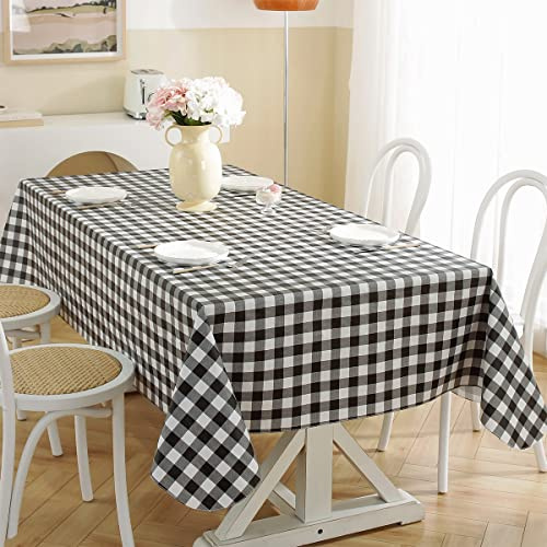 Buffalo Plaid Vinyl-Tischdecke mit Flanell-Rückseite, rechteckig, 152,4 x 213,3 cm, wasserdicht und öldicht, kariert, Kunststoff-Tischdecke für Esszimmer, Party, drinnen und draußen, Schwarz und Weiß