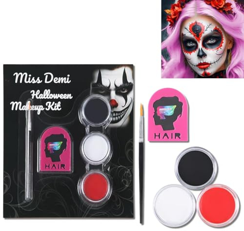 Miss Demi Halloween makeupkit med svart vit röd ansiktsfärg, rosa hår Chalk & Borst, kroppsmålningar för halloween Joker Skelett Cosplay specialeffekter kostym SFX Stage Kit (01, färg)
