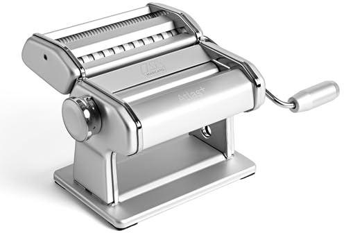 Marcato Atlas+ Frische Nudelmaschine aus eloxiertem Aluminium mit 4 Größen | Lasagne, Fettuccine, Tagliolini und Spaghetti, hergestellt in Italien, kompatibel mit zusätzlichen Zubehörteilen