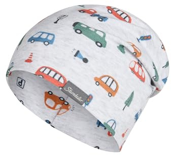 Sterntaler Beanie Fahrzeuge – Bequeme Kindermütze aus Melange Jersey mit Fahrzeug-Motiv, Zwei Tragevarianten und UV-Schutz 50+