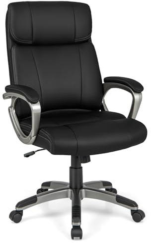 COSTWAY 350LBS Executive Office Chair, Height Adjustable PU Leather Computer Desk Chair with Rocking Backrest and Arms, Ergonomic Swivel High Back Chair for Home Office (Black, 64 x 69 x 116 cm)