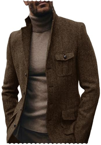 Mens Herringbone Tweed Blazer Business Casual Sport Coat Wool Blend Jacket for Wedding Brown