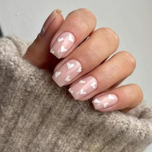 Short Square Press On Nails, Glossy Pale Pink Fake Nails, 24-Piece Set | Assorted Fitting Sizes, White Heart Motifs, Pre-Designed Tips For Everyday Manicures And Coordinated Social Looks