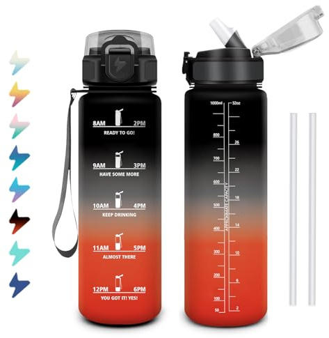 Bouteille d'eau 1L, Gourde Motivation avec Marqueur de Temps, Gourde avec Paille, Facile à Nettoyer, Étanche et Réutilisable, Bouteille pour Bureau, Déplacements, Yoga, Course à Pied, Camping
