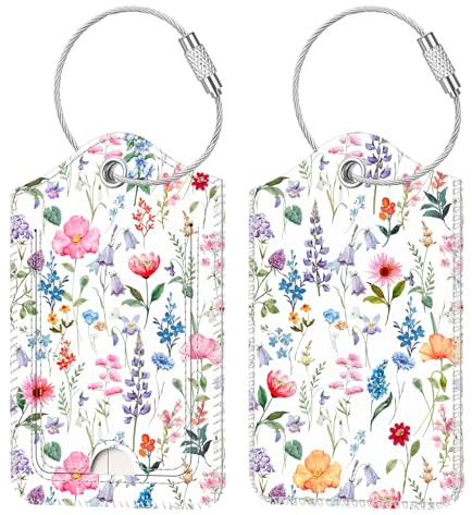 [2 Stück] Fintie Kofferanhänger mit Adressschild | Kunstleder Gepäckanhänger ID Etikett mit Edelstahl Drahtseil und Namenschild für Reisetasche Koffer, Blumenfantasie