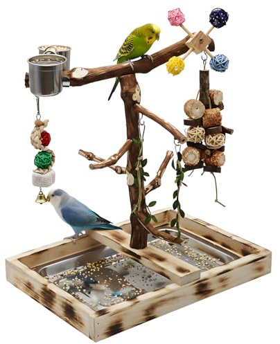 Large Bird Playground with Natural Wood perches, Suitable for Small Birds Such as Budgies, Conures, and Lovebirds. Includes Feeding Cups, a Swing, and Bird Chewing Toys.