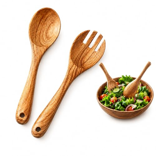 2PCS Posate da Insalata, Posate da Insalata in Legno di Ulivo per Servizio Elegante, Stoviglie in Legno Naturale con Cucchiaio da Insalata e Forchetta da Insalata in Legno per Uso Quotidiano