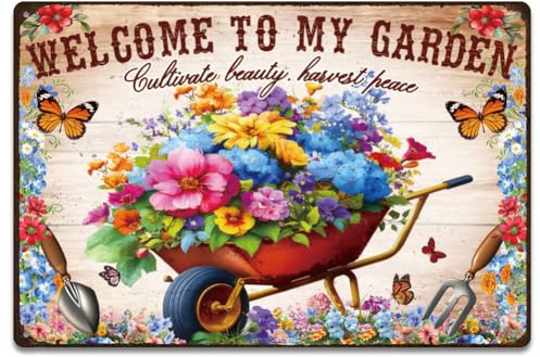 SUPERDANT Benvenuto Nel Mio Giardino Insegna Metallo Stagno Retrò Carriola Fiori Cartello In Latta Decorativa Targa Rettangolare per Giardino Prato Fiorista Caffè Pub Arte Parete Casa 20x30CM
