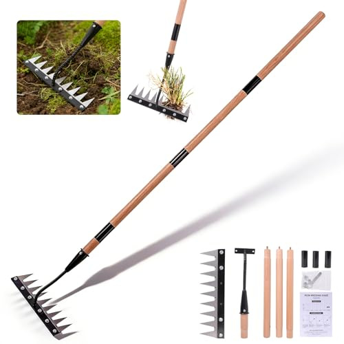 Gardenia - Rastrillo de hierro con mango 3.0, rastrillo de hierro resistente para jardinería y deshierbe, herramienta de extracción de malezas de jardín de 9 dientes mejorada 2026, herramienta de