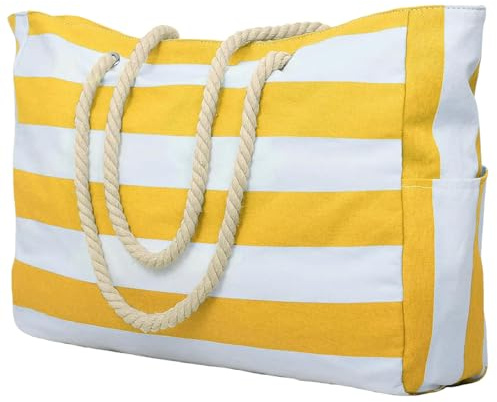 SHAIBR Borsa Donna Esterna con Cerniera A Righe per Viaggi E Vacanze All'aperto, Tela Impermeabile Resistente alla Sabbia, Comoda da Spiaggia Pieghevole-Giallo