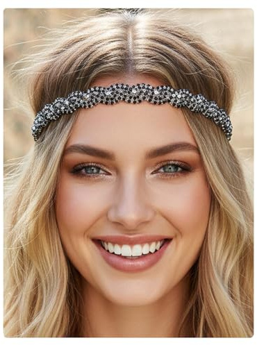 Flayem Kopfkette Schwarz Glänzendes Elastische Strass Stirnband Damen (Schwarz, 45.5cm)