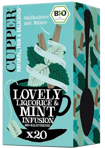 Cupper Bio Kräutertee Lovely Liquorice & Mint, Pfefferminztee, 20 ungebleichte plastikfreie Teebeutel, fair gehandelt