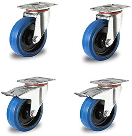 Abrollwerk 4er Set Elastik Blue Wheels 100 mm – 2 Lenkrollen & 2 Lenkrollen mit Feststeller – 160 kg Traglast – Kugellager Transportrollen – Spurlos & Geräuscharm – Bauhöhe 128 mm