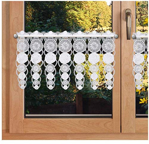 SeGaTeX home fashion Feenhaus-Spitzengardine Marthe weiß | aufwändig gestickter Kurz-Scheibenhänger Vogtländische Luftspitzenstickerei | Fensterdeko in modernem Landhaus-Stil Höhe x Breite 30 x 102