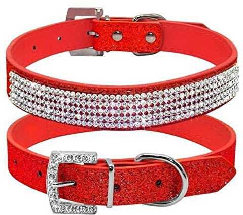 haoyueer Hundehalsband, Leder, glitzernd, Strasssteine, Größe S, Rot