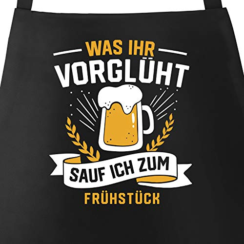 MoonWorks® Grill-Schürze für Männer mit Spruch Was ihr vorglüht sauf ich zum Frühstück Baumwollschürze Küchenschürze Schwarz unisize