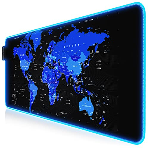 Titanwolf - RGB spelmusmatta – 800 x 300 mm – XXL musmatta – LED flerfärgad – 7 LED-färger plus 4 effektlägen – för precision och hastighet – gummerad undersida – tvättbar – världskarta blå