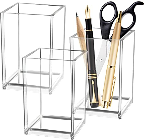 LiangDian Acryl Stifteköcher 3 Stück Klarer Pinselhalter Stifte Organizer Becher Dekorativer Make Up Pinselhalter Quadratischer Stiftehalter Stifteständer für Schminke Stifte Schreibwaren