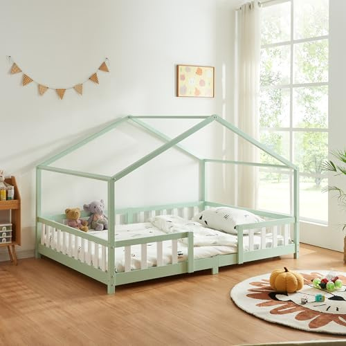 [en.casa] Kinderbett Treviolo 90x200 cm Mintgrün/Weiß | Hausbett, Montessori, Holzbett für Kinder, Bettgestell mit Lattenrost, Kiefernholz