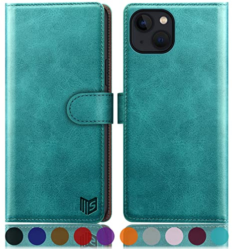SUANPOT [RFID Schutz für iPhone 14 6.1 Hülle PU Leder Handyhülle Lederhülle Klapphülle Kartenfach Flip Cover für Apple 14 Handy hülle Leather Wallet Phone Case Blau Grün