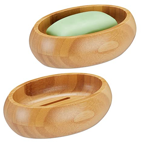 Relaxdays 2 x Seifenschale, Bambus, mit Ablauf, feuchtigkeitsresistent, ovale Seifenablage, HxBxT: 4,5 x 14 x 10 cm, Natur