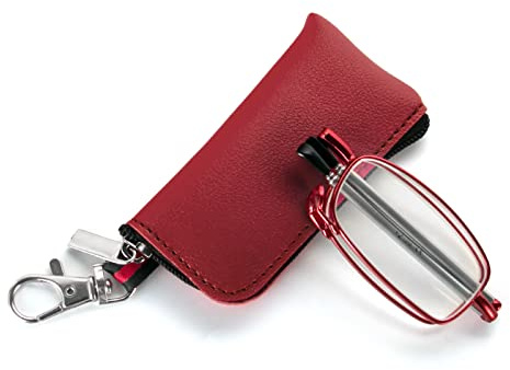 MMOWW Faltbare Lesebrille für Damen und Herren mit Teleskopstange mit Reißverschluss Schlüsselanhänger Mini Blaulichtfilter Brillen (Rot, +2,5)