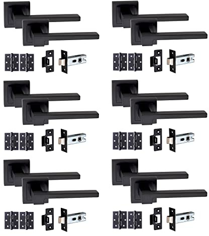Golden Grace Zeta Lever Latch Door Handles, Matte Black, 6 Sets, Matt Black | Includes 75mm ball bearing hinges and a 64mm tubular latch with screws for easy, secure mounting.