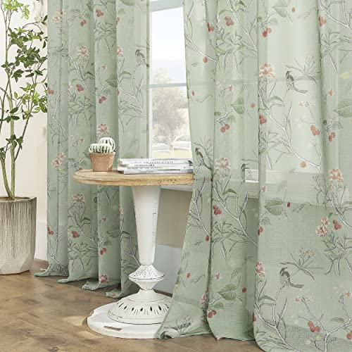 XTMYI Leaf Green Sheer Curtains 96 Inches Long for Living Room Sliding Glass Door 2 Panels Set,Lightweight Grommet Moody Whimsical Unique Curtains for Bedroom,8 FT Length,Sage Green and White