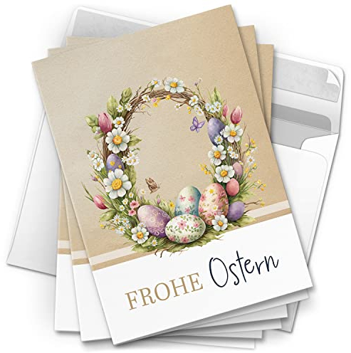 10 Osterkarten Grußkarten Set zu Ostern - Motiv Blumenkranz Ostereier Frohe Ostern - moderne Vintage Oster Grußkarten Klappkarten mit Umschlag