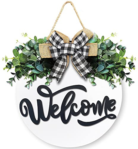 Welcome Sign for Front Door, Front Door Decor for Farmhouse Porch, Rustic Welcome Wreaths with Stapled Greenery, Round Wooden Hanging Sign Housewarming Gift for Home Outdoor Indoor (White)