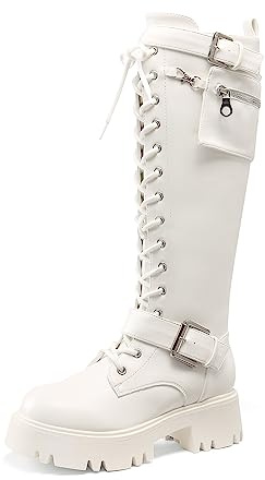 DREAM PAIRS Womens Knee High Combat Boots Platform Heels,White,8