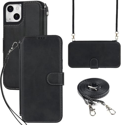 ELTEKER Hülle für iPhone 14 Handyhülle mit Band Crossbody Strap, Klapphülle mit dem Verstellbaren Umhängeband - Schwarz