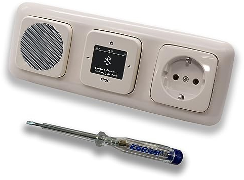 Busch Jäger DAB+ Unterputz Bluetooth Radio 8217U-101 DURO2000 cremeweiß, Set mit Lautsprecher, Abdeckungen, Steckdose mit Kinderschutz, Rahmen + EBROM Phasenprüfer zur Montage der Geräte - 8217U