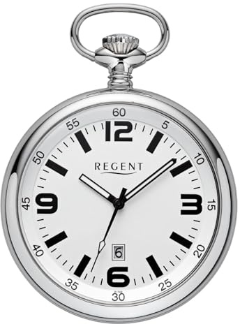 REGENT Herren Taschenuhr Edelstahl 50 MM Quarz Zifferblatt Silber, Vier Arabische Zahlen Datum P-743