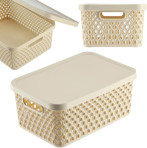 KADAX Cesto portaoggetti con coperchio, contenitore in plastica, contenitore con fori di ventilazione (4,5 l, beige)