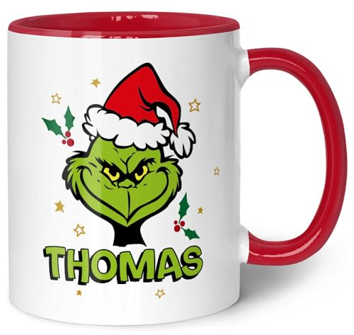 GRAVURZEILE Bedruckte Weihnachtstasse - Grinch MiMiMi - Personalisiert mit Name - Spülmaschinenfest & Mikrowelle geeignet - Tasse als Geschenk für Sie & Ihn zu Weihnachten - Rot