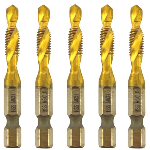 Rennie Tools - Pack Of 5 - M6 x 1 Combination Drill and Tap Bit, 1/4 Hex Shank. Metric Coarse Titanium Coated HSS Spiral Flute Drilling Tapping Tool. 6mm x 1mm Pitch Drill Bit.